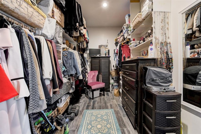 walk in closet with wood finished floors
