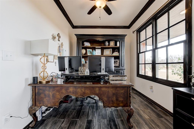 home office featuring ceiling fan, ornamental molding, dark wood-type flooring, and baseboards