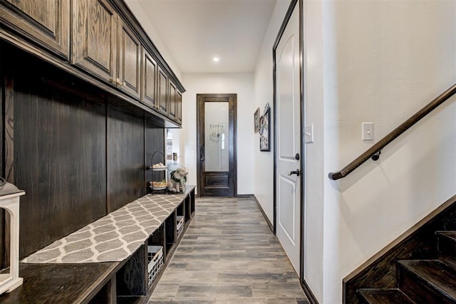 mudroom featuring wood finished floors and recessed lighting