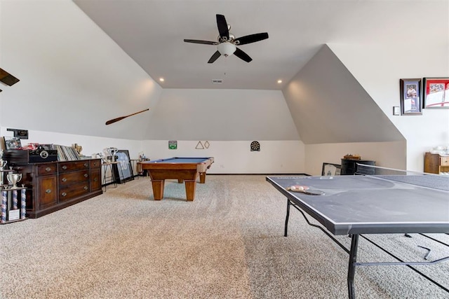recreation room with carpet floors, ceiling fan, lofted ceiling, pool table, and recessed lighting