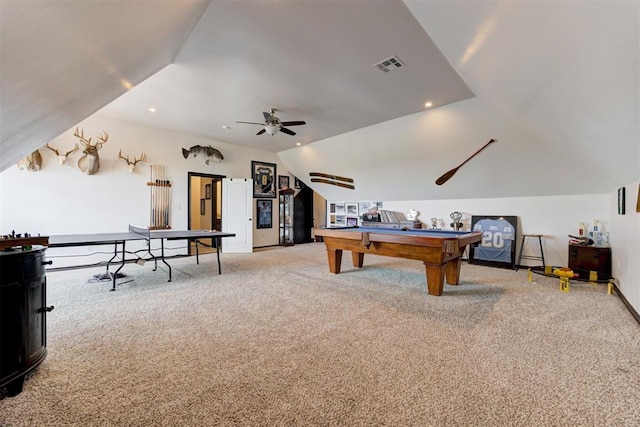 rec room featuring lofted ceiling, carpet flooring, a ceiling fan, billiards, and recessed lighting