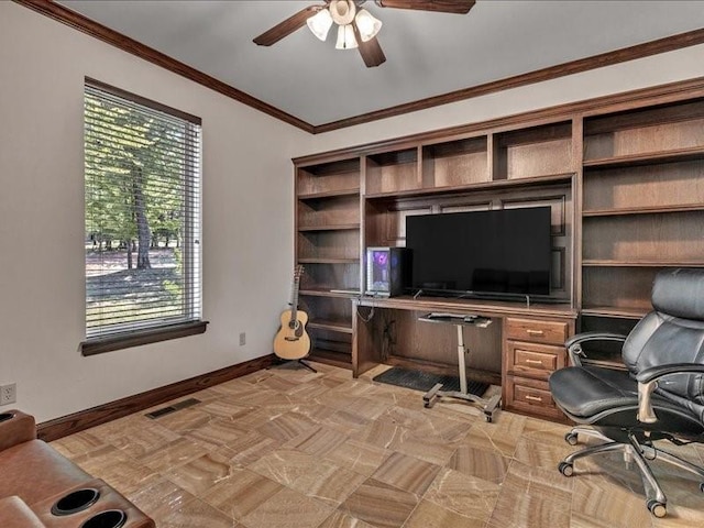 office area with visible vents, baseboards, ornamental molding, a ceiling fan, and built in study area