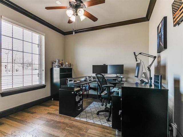 home office featuring baseboards, a ceiling fan, wood finished floors, and crown molding