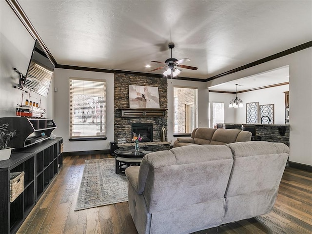 living area with a stone fireplace, ceiling fan with notable chandelier, ornamental molding, and dark wood-style flooring