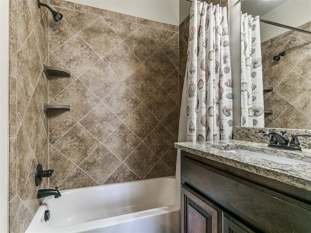 bathroom featuring shower / bath combination with curtain and vanity