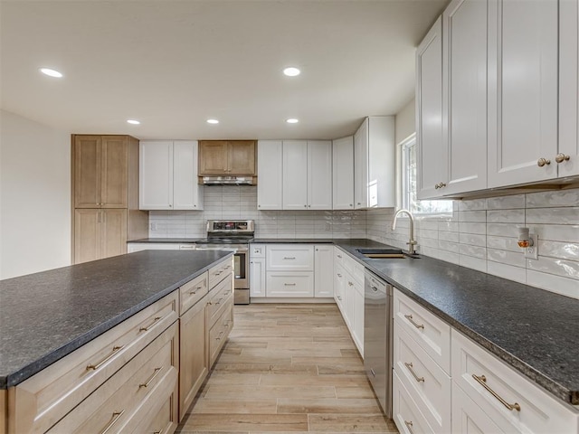 kitchen featuring a sink, light wood-style floors, under cabinet range hood, appliances with stainless steel finishes, and tasteful backsplash