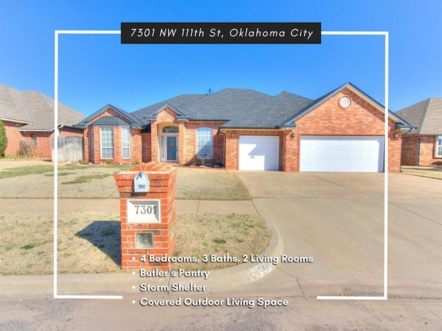 7301 NW 111th St, Oklahoma City, OK 73162 - view of front facade featuring a front yard, roof with shingles, concrete driveway, a garage, and brick siding