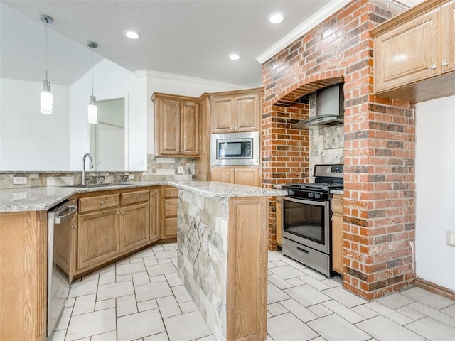 kitchen with a sink, tasteful backsplash, stainless steel appliances, wall chimney exhaust hood, and light stone countertops