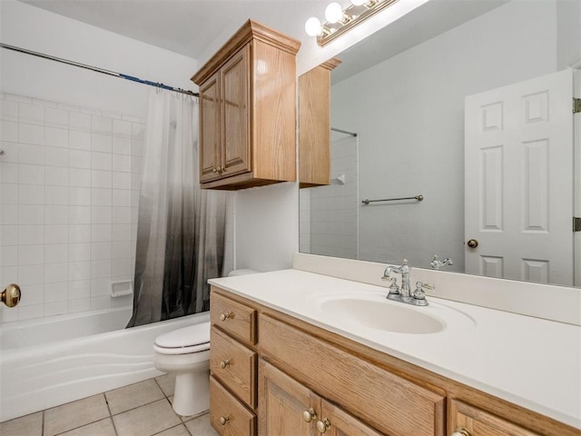 full bath with tile patterned floors, toilet, shower / bath combo, and vanity