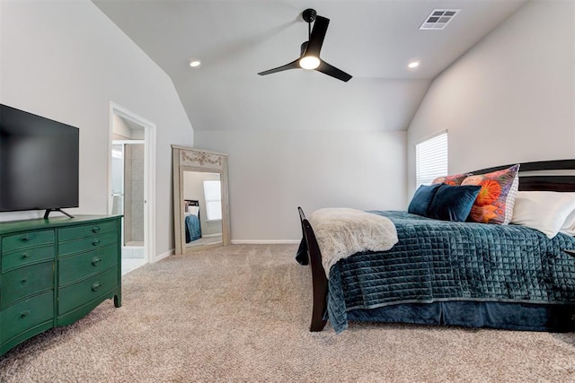 carpeted bedroom featuring vaulted ceiling, baseboards, visible vents, and ceiling fan
