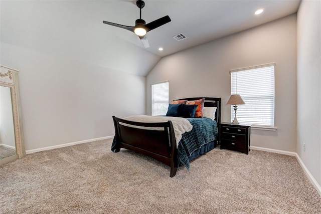 bedroom with carpet flooring, visible vents, baseboards, vaulted ceiling, and recessed lighting