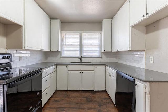 kitchen with dark wood-style floors, a sink, black appliances, white cabinets, and tasteful backsplash