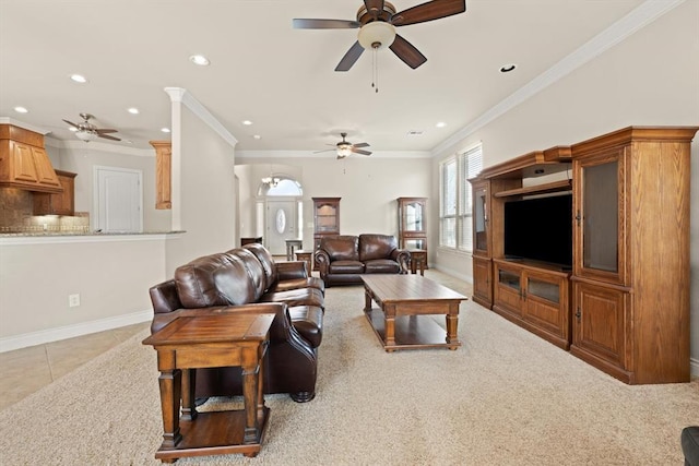 tiled living room featuring crown molding, recessed lighting, baseboards, and ceiling fan