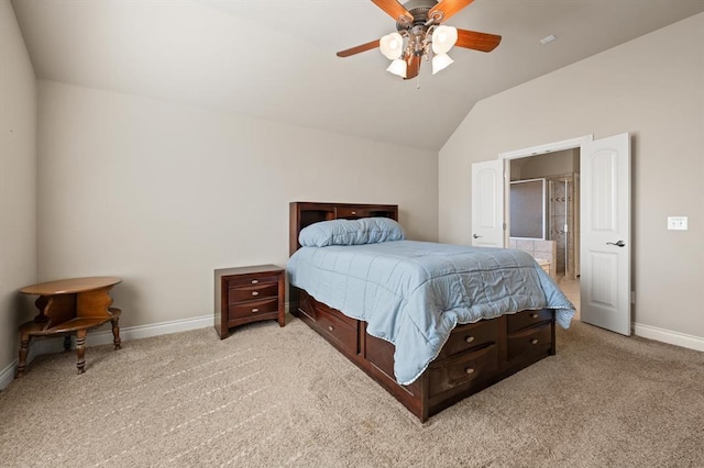 bedroom featuring light carpet, ceiling fan, baseboards, and lofted ceiling