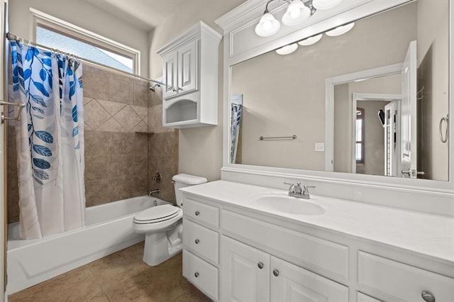 full bathroom featuring shower / bathtub combination with curtain, toilet, vanity, and tile patterned flooring