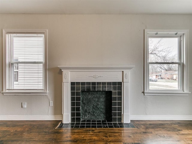 details with wood finished floors, a fireplace, and baseboards