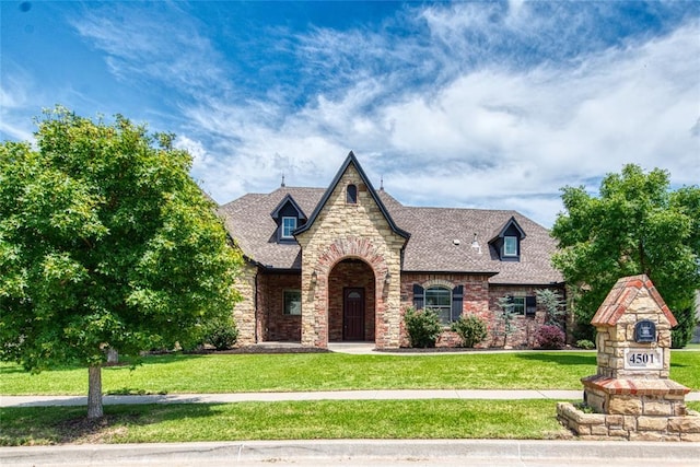 tudor home with a front yard, stone siding, and roof with shingles