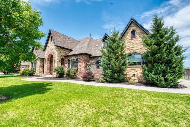 view of front of house with stone siding, a front lawn, and roof with shingles