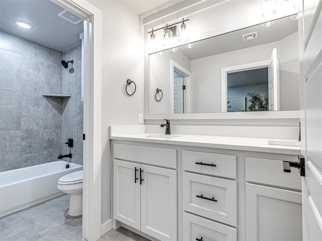 full bath with visible vents, shower / bathtub combination, toilet, and vanity