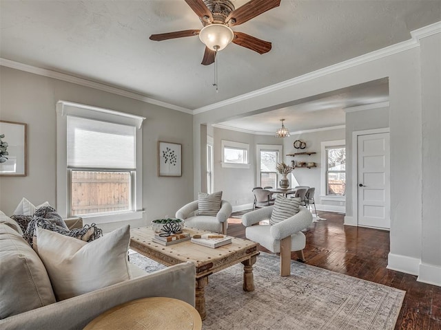 living room featuring hardwood / wood-style floors, ceiling fan with notable chandelier, baseboards, and ornamental molding