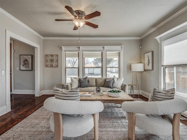 living area featuring wood finished floors, crown molding, a ceiling fan, and baseboards