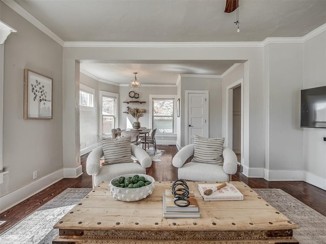 living area featuring dark wood finished floors, baseboards, and ornamental molding