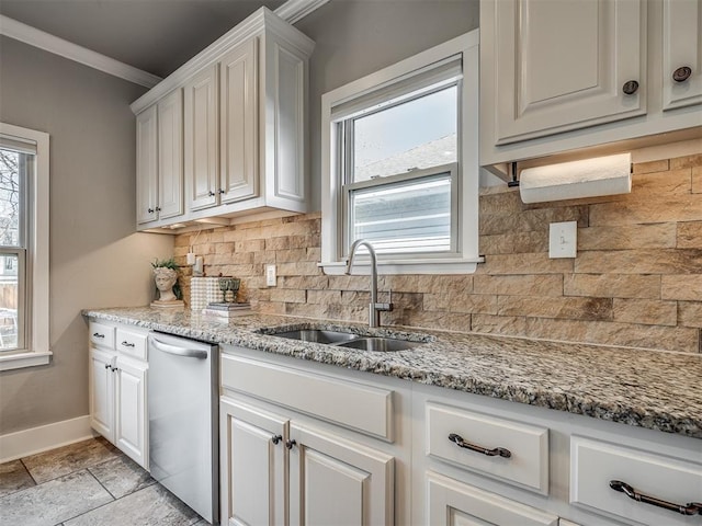 kitchen with a sink, backsplash, crown molding, light stone countertops, and dishwasher