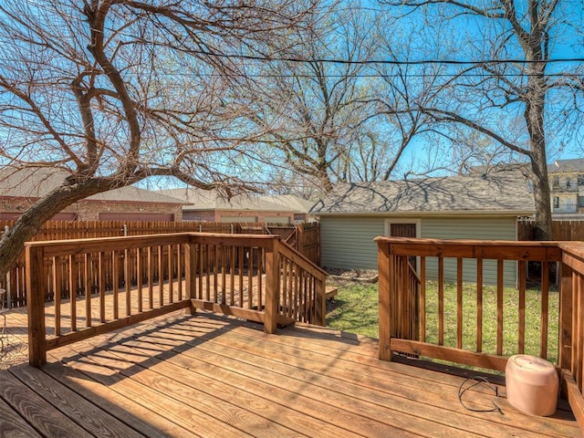 wooden deck with a fenced backyard