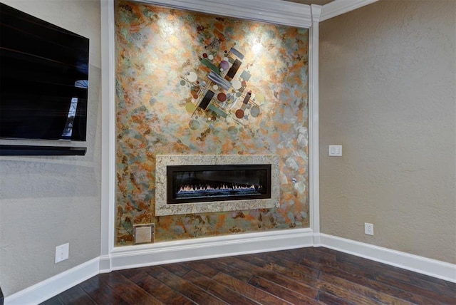 room details featuring a glass covered fireplace, baseboards, and wood finished floors