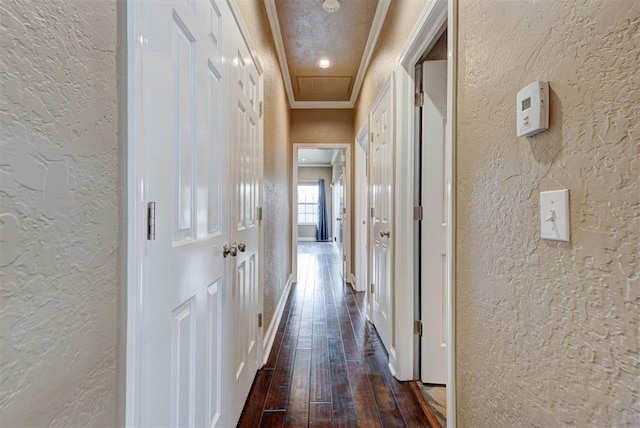 corridor with dark wood finished floors, a textured wall, and ornamental molding