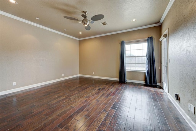 unfurnished room featuring visible vents, a ceiling fan, a textured ceiling, baseboards, and dark wood-style flooring