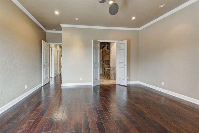 unfurnished bedroom with recessed lighting, wood finished floors, baseboards, and ornamental molding