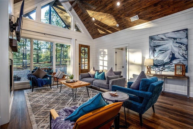 living room featuring visible vents, high vaulted ceiling, wood ceiling, and wood finished floors