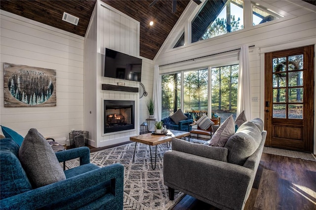 living area featuring visible vents, high vaulted ceiling, wood finished floors, wooden walls, and wood ceiling