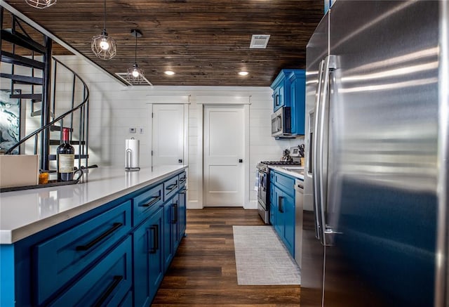 kitchen with dark wood-style floors, blue cabinetry, stainless steel appliances, wood ceiling, and decorative light fixtures