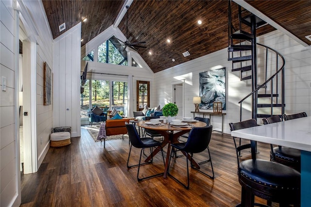 dining space with wood ceiling, stairs, wood finished floors, high vaulted ceiling, and a ceiling fan