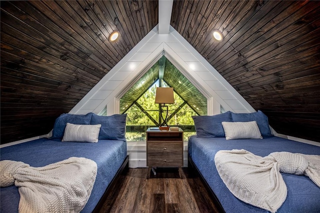 bedroom with lofted ceiling, wood ceiling, wooden walls, and wood finished floors