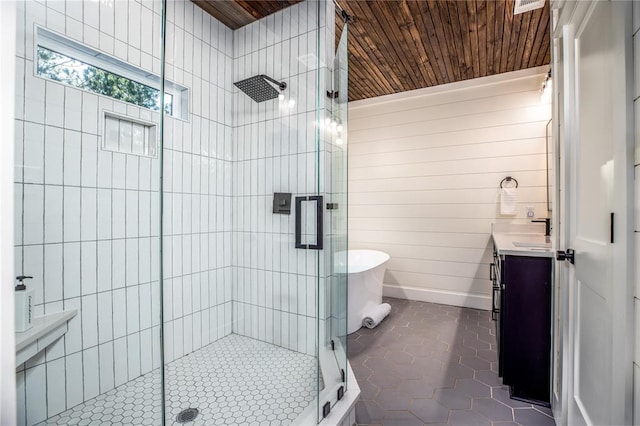 full bathroom featuring tile patterned flooring, wooden ceiling, and a stall shower