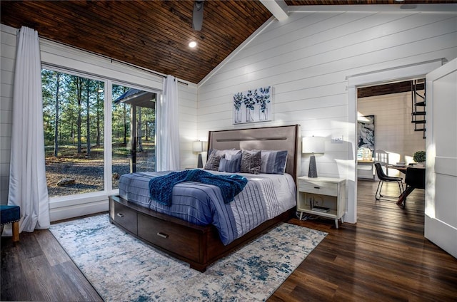 bedroom with wooden walls, wooden ceiling, lofted ceiling with beams, and dark wood-type flooring