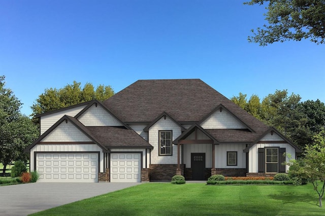 view of front of house with roof with shingles, an attached garage, a front lawn, concrete driveway, and board and batten siding