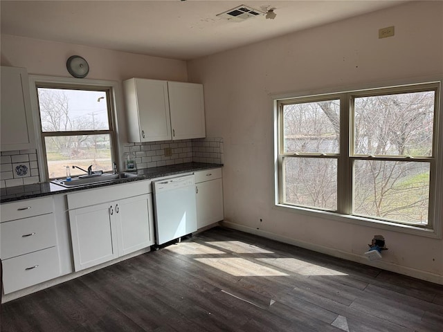 kitchen featuring tasteful backsplash, visible vents, dark countertops, dishwasher, and dark wood-style flooring