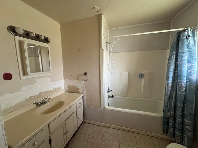 bathroom with vanity, tile patterned floors, and shower / bathtub combination with curtain