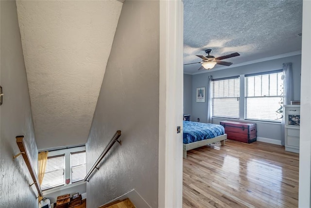 bedroom with wood finished floors, baseboards, ceiling fan, ornamental molding, and a textured ceiling