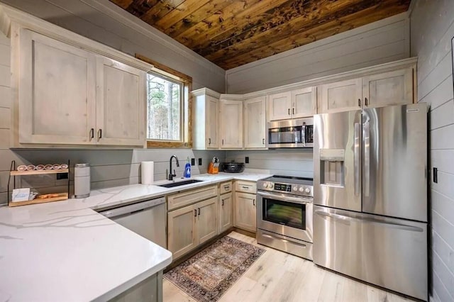 kitchen featuring a sink, light stone counters, appliances with stainless steel finishes, wooden ceiling, and light wood finished floors