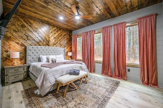 bedroom featuring wooden ceiling, wood finished floors, and wood walls