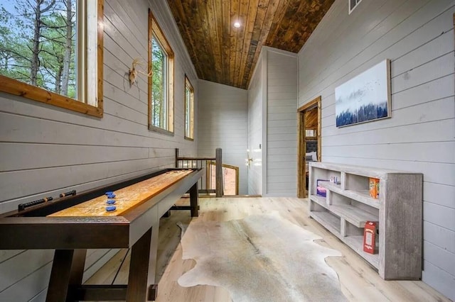 interior space featuring plenty of natural light, wood walls, wood ceiling, and wood finished floors