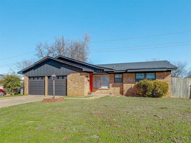 ranch-style home featuring brick siding, fence, concrete driveway, a front yard, and a garage