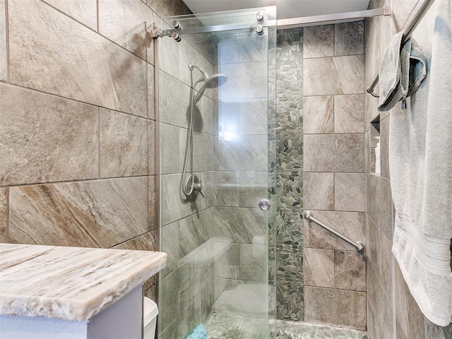 bathroom with a shower stall and toilet