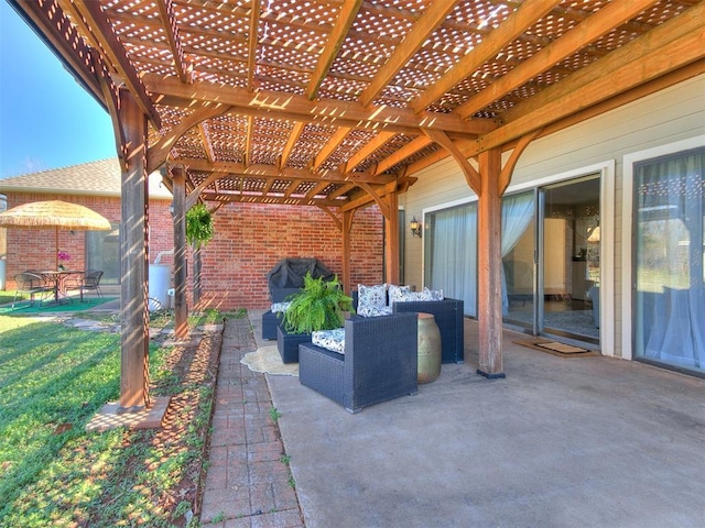 view of patio / terrace featuring outdoor lounge area and a pergola