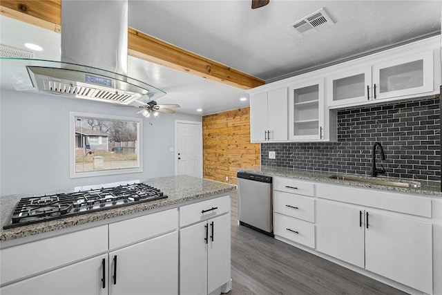 kitchen featuring visible vents, appliances with stainless steel finishes, island range hood, a ceiling fan, and a sink